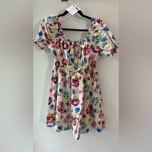 Umgee, Cream Multicolor Floral Puff Sleeve Smocked Mini Dress, Size S | 1989